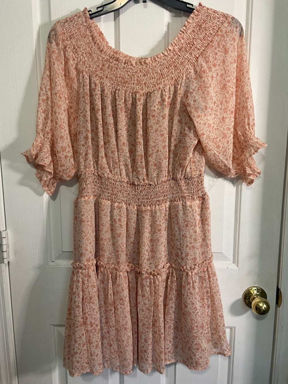 Boheme Peach Floral Smocked Tiered Mini Dress